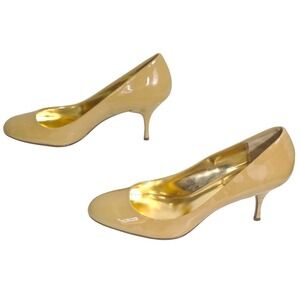 Coach Salma Patent Leather Pumps 9.5B Women Gold Tan Kitten Heel Almond Toe Fair